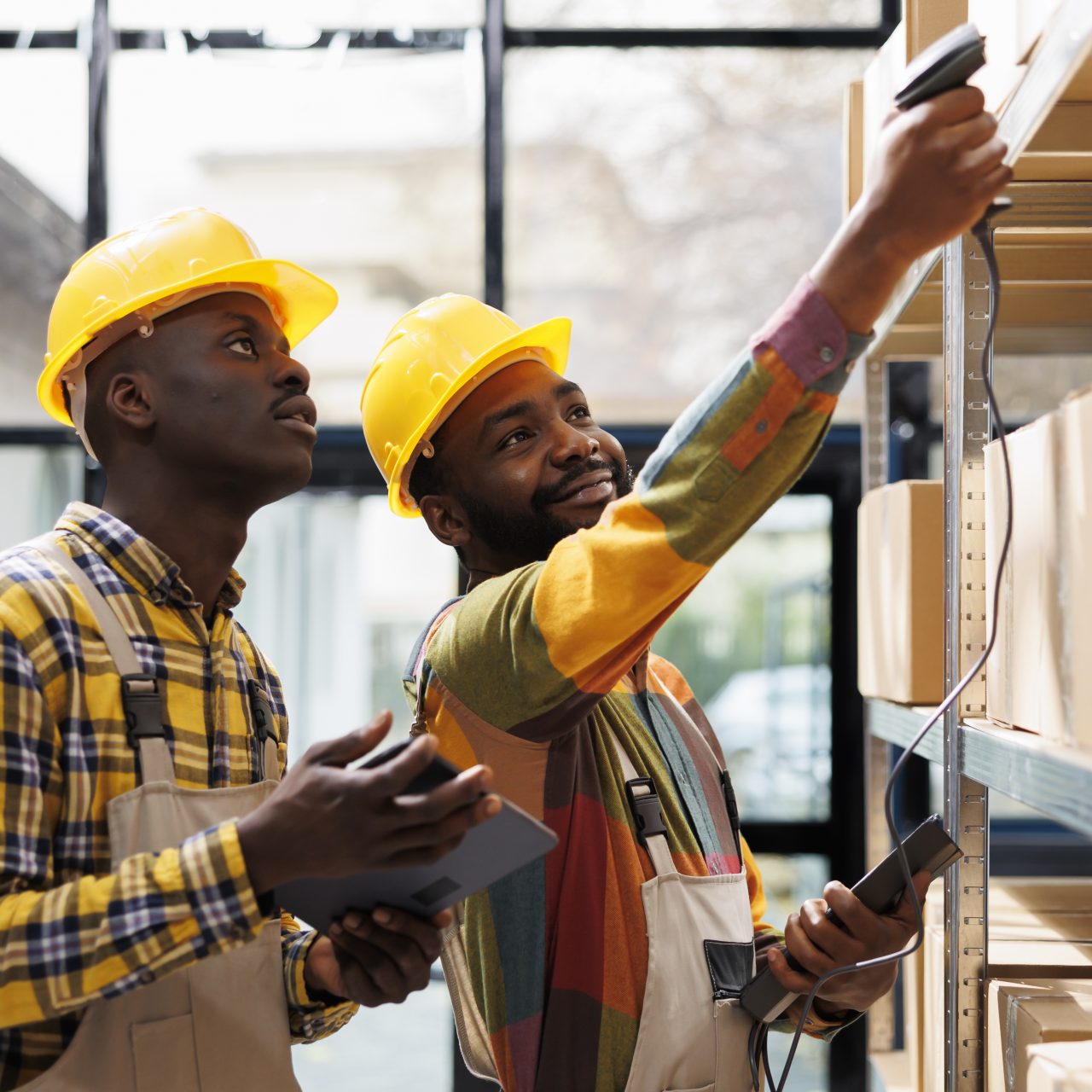Warehouse smiling colleagues scanning cardboard box barcode and chatting. Two african american post office storehouse workers inspecting customer parcels using scanner tool and tablet