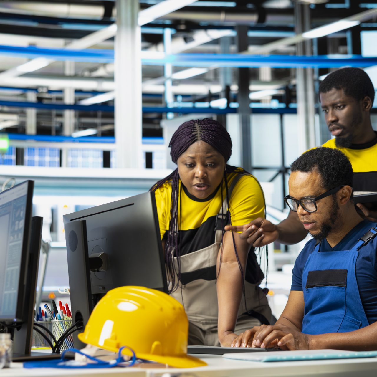 Black team of manufacturing plant employees fixing errors and debugging technical issues, working together in the assembly line of solar panels at the industrial factory. Renewable energy.