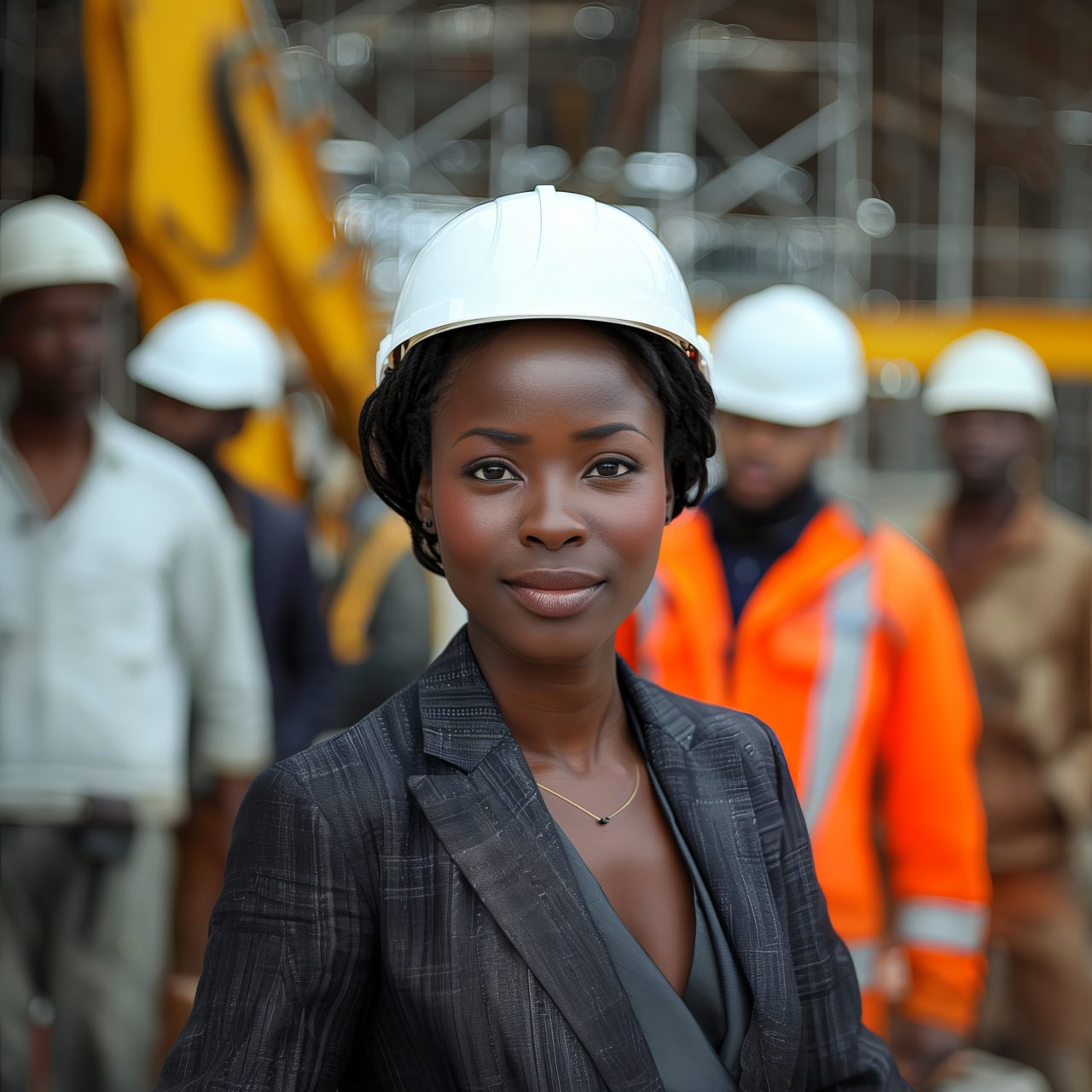 An empowered African American woman architect in a formal suit and white construction helmet, standing confidently with her team of employees in the background at a construction site. The analog-style photograph is wide shot, clean, realistic, and highly detailed, capturing the professional and dynamic atmosphere with warm lighting --chaos 50 --ar 2:3 --stylize 1000 Job ID: 77351774-e6f9-4751-962c-c1290a4253c7